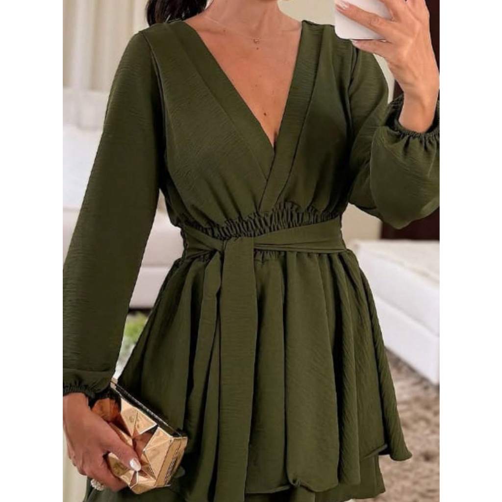 Vestido Macaquinho Com Amarração Frontal Com Elástico Na Manga Simples elegante em Oferta na Shopee