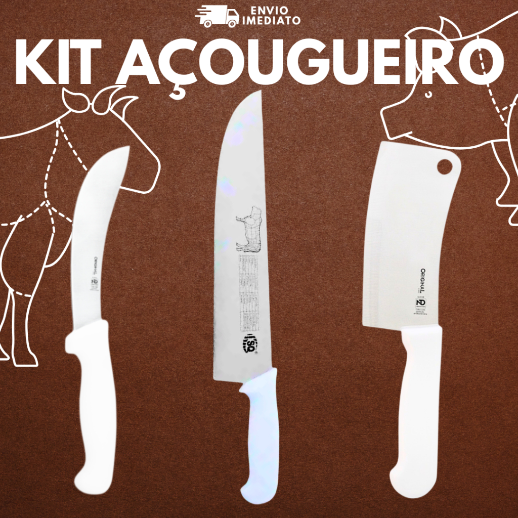 Kit Açougueiro Cutelo Faca Tira Couro Faca Carnes Profissional Cortes Açougue Churrasco