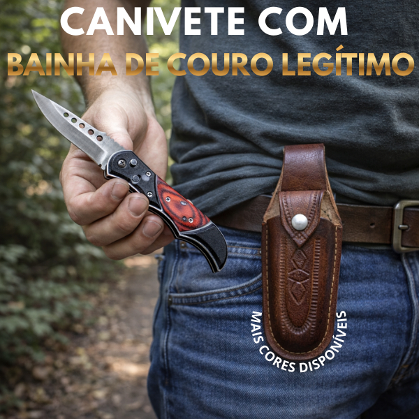 Canivete de Bolso Aço Inox Saque Automatico Com Bainha Couro Legitimo Premium Dobrável Caça Pesca