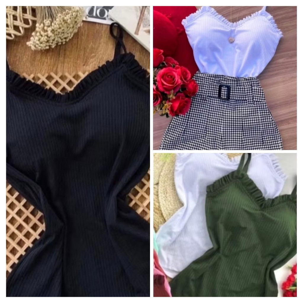 Blusa Regata Femenina Canelado Alcinha Babado C/Bojo Moda Primavera Verão *Envio Imediato*