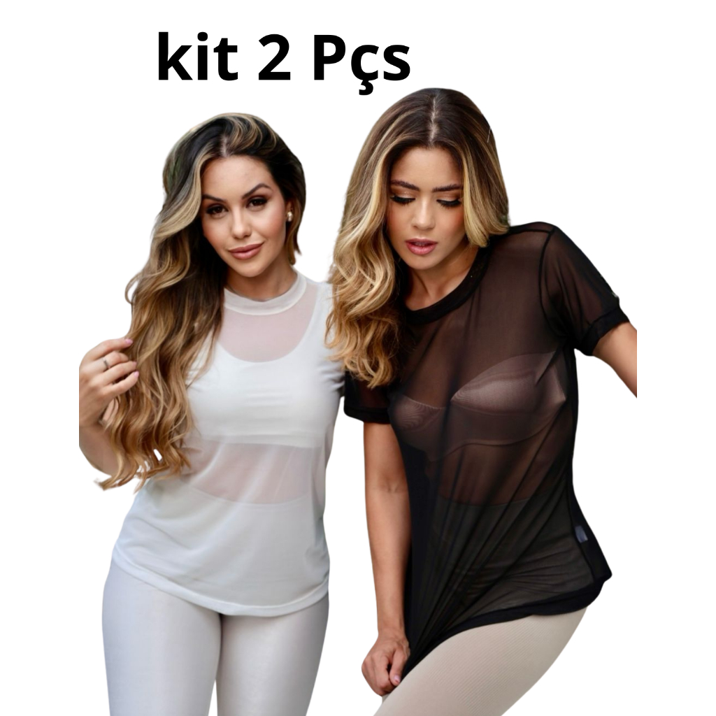 Kit 2 Blusa De Tule Academia Fitness Transparente Para Treino