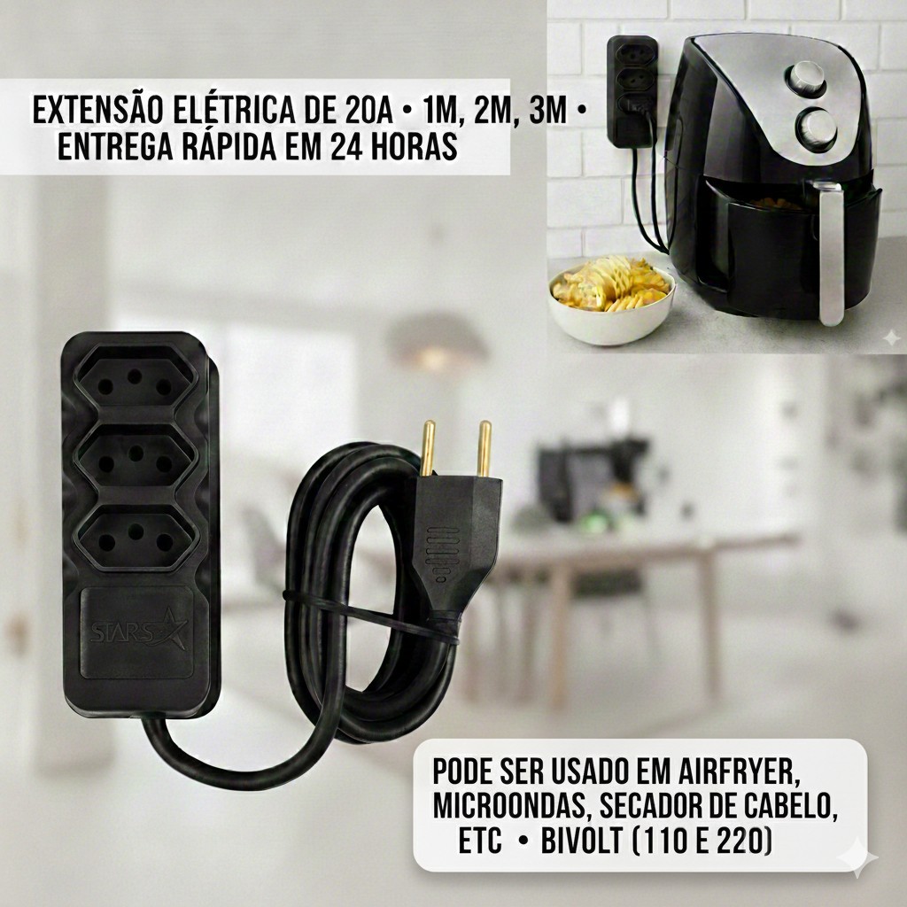 Imagem Extensão Elétrica Reforçada 20A 3 Tomadas Bivolt – Para Airfryer, Micro-ondas e Secador 1m 2m 3m