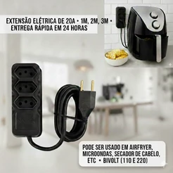 Extensão Elétrica Reforçada 20A 3 Tomadas Bivolt – Para Airfryer, Micro-ondas e Secador 1m 2m 3m 5m 10m 20m