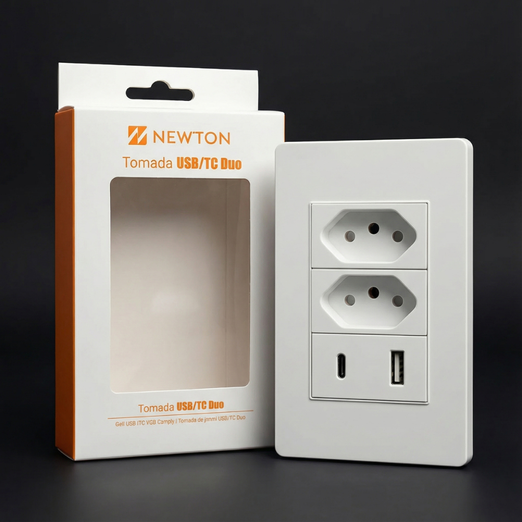 Tomada Dupla de Parede com USB e USB-C Tipo C Tripolar 3 Pinos Bivolt Carregamento Rápido Cor Branco