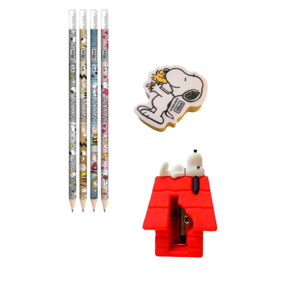 KIT SNOOPY 4 LÁPIS N°2 + APONTADOR + BORRACHA