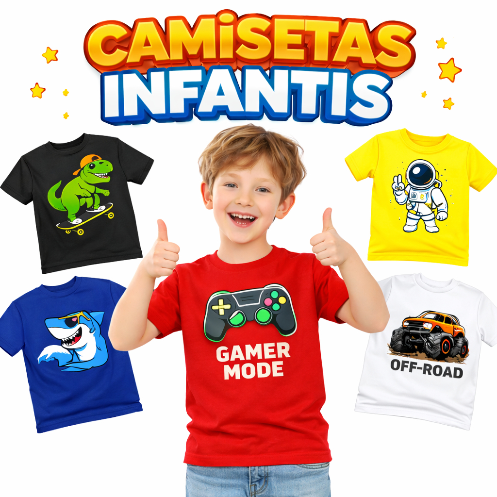 Kit 5 Camisetas Infantil Juvenil Menino com Estampas Divertidas Kids 100% Algodão Sortidas
