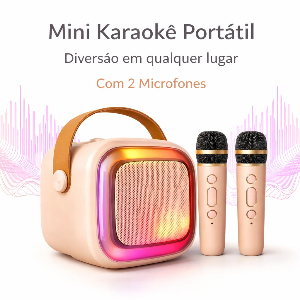 Mini Caixinha Som Karaokê com 2 Microfone Bluetooth Infantil Alto Falante Portatil ConexãoSem fio.