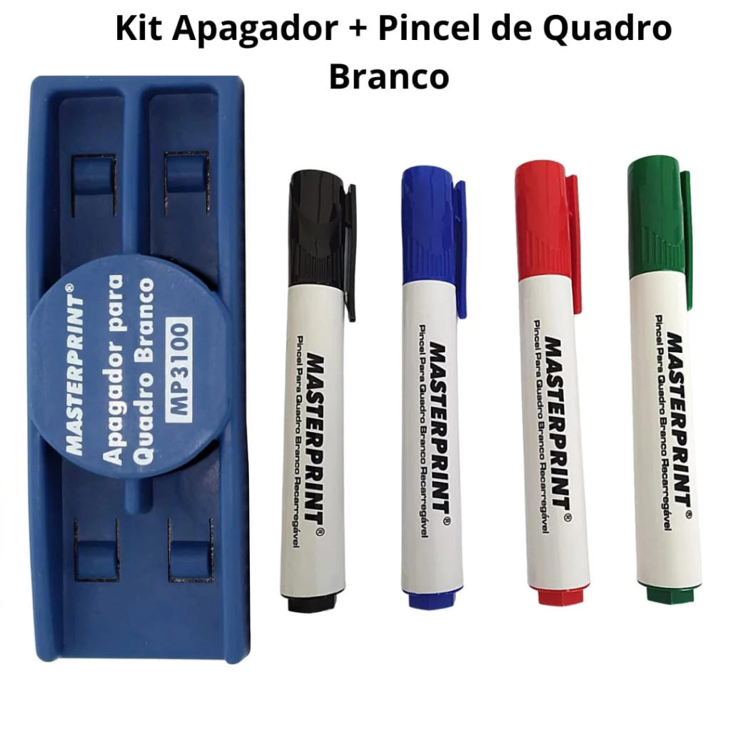 Kit Pincel Para Quadro Branco Recarregável 2 Cores Diversas e Apagador Quadro Branco Masterprint
