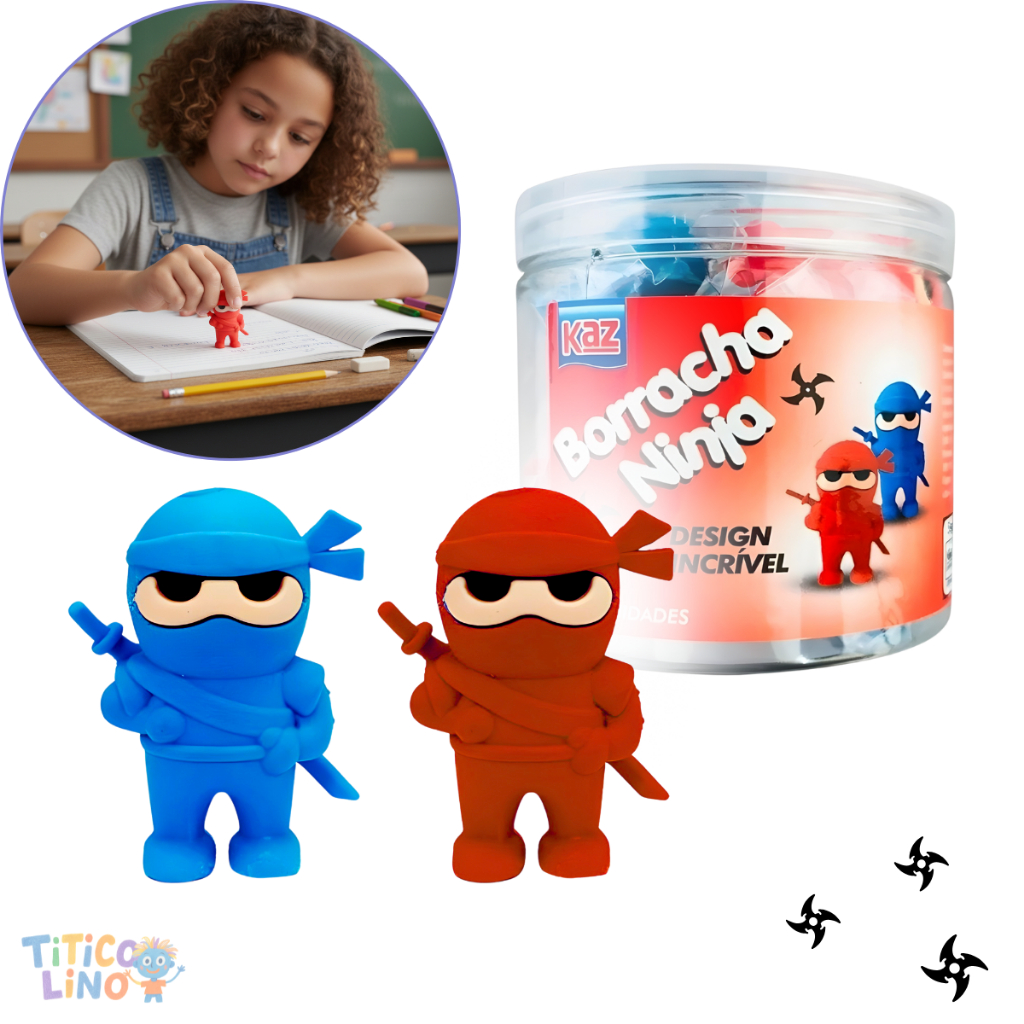 Kit Borracha Escolar Fantasia Ninja 12 Unidades Material Escolar Papelaria Fofa Presente Criança