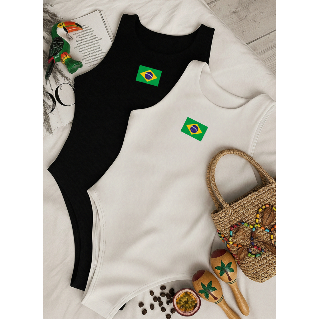 Body Regata Gola Redonda Sem Manga Suplex Brasil Brazil Copa do Mundo Eleição Chic Carnaval Elegante Minimalista Básico