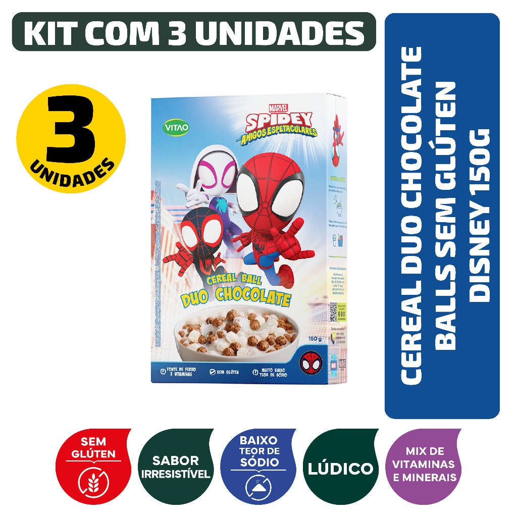 Kit Cereal Duo Chocolate Balls Sem Glúten Spidey Man Disney 150G - 3 Unidades