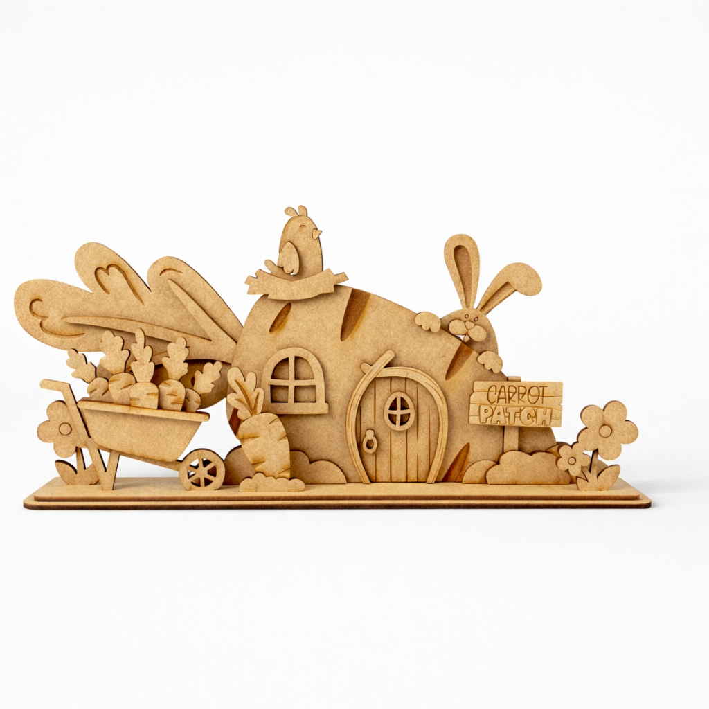 Casinha Horta de Cenouras em MDF Cru 3D Páscoa Decorativa 32,5x15 cm Desmontado