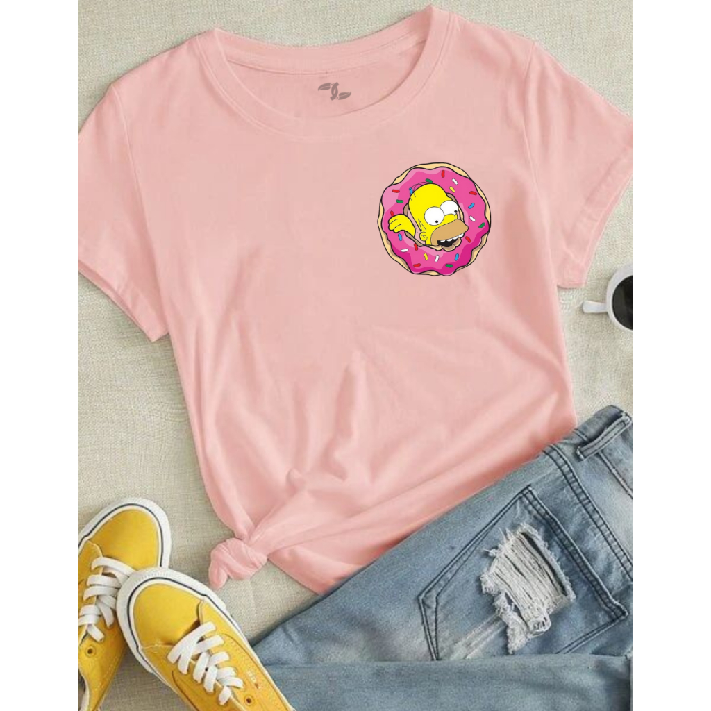 Camiseta Feminina T-Shirt Estampada Personagem Homer dos Simpsons Donut Desenho 100% Algodão Adulto Infantil