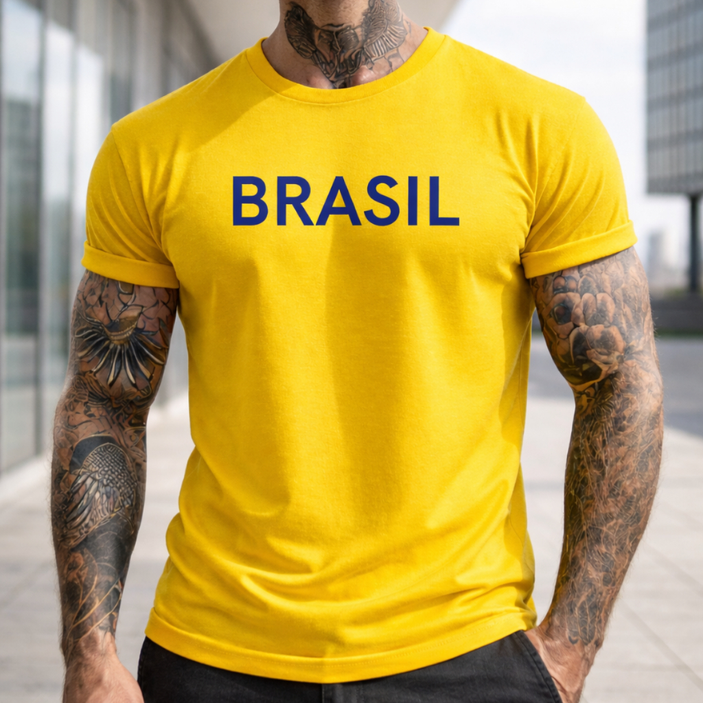 Camiseta Masculina Brasil Copa do Mundo Escrito Verde e Amarelo Futebol