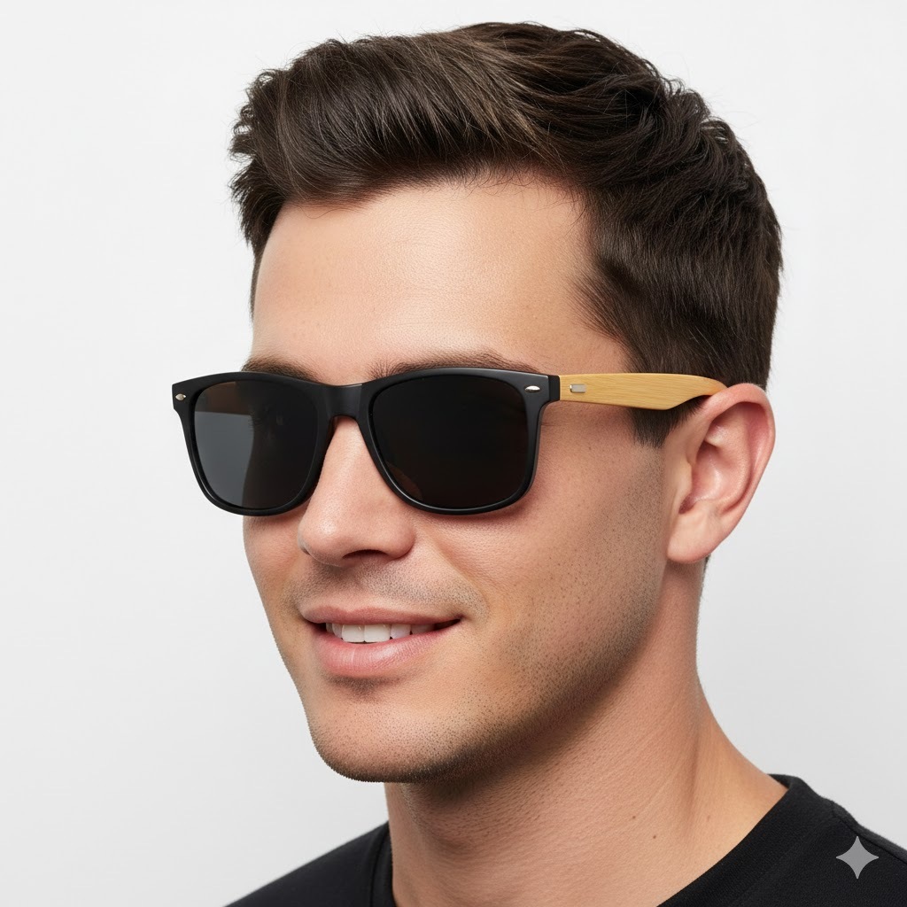 Óculos de Sol Masculino Quadrado Madeira Bambu Leve Moderno