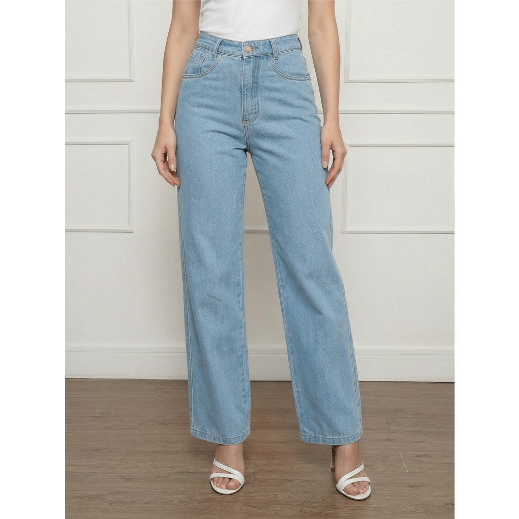 Calça Jeans Feminina Wide Leg Pantalona Cintura Alta Marmorizada Sem Lycra Boca Larga Elegante