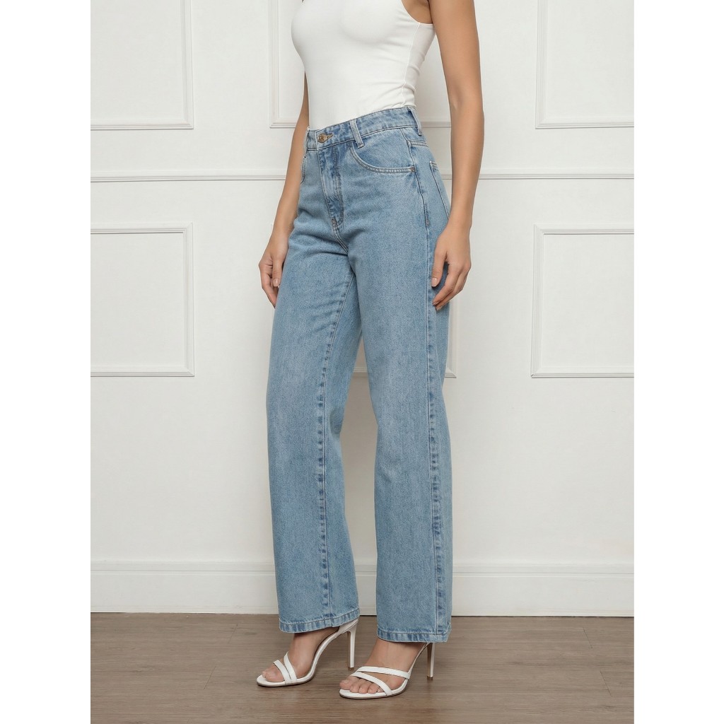 Calça Jeans Feminina Wide Leg Marmorizada Pantalona Boca Larga Cintura Alta Sem Lycra Confortável