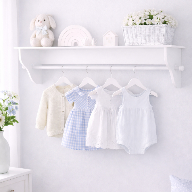 Prateleira Porta Fraldas Com Varão 60 cm Para Quarto De Bebê em Mdf Branca Azul e Rosa