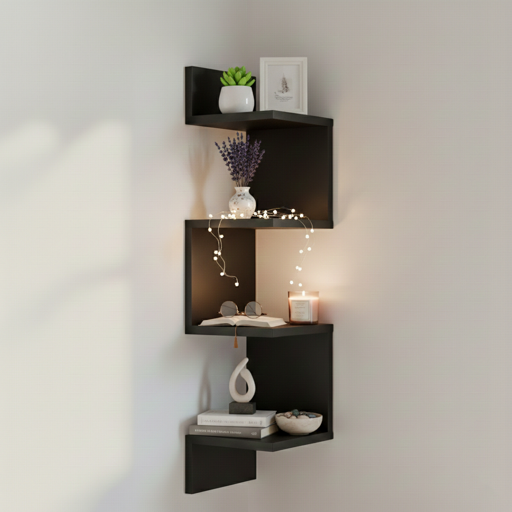 Prateleira De Canto Reto Branca Mdf ou Mdp Estante Multiuso Livros Nicho Preto