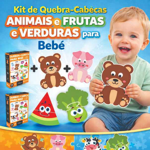 Kit 2 Brinquedos Educativos Quebra Cabeças 2 Partes Animais e Frutas Madeira
