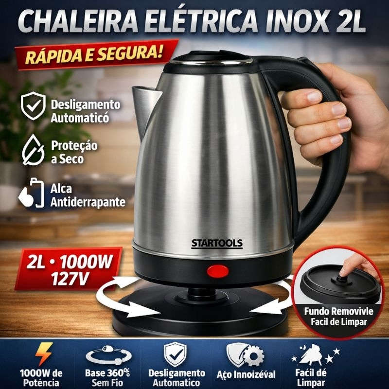 Chaleira Elétrica Inox 2L 1000W 127V Base Giratória Desligamento Automático
