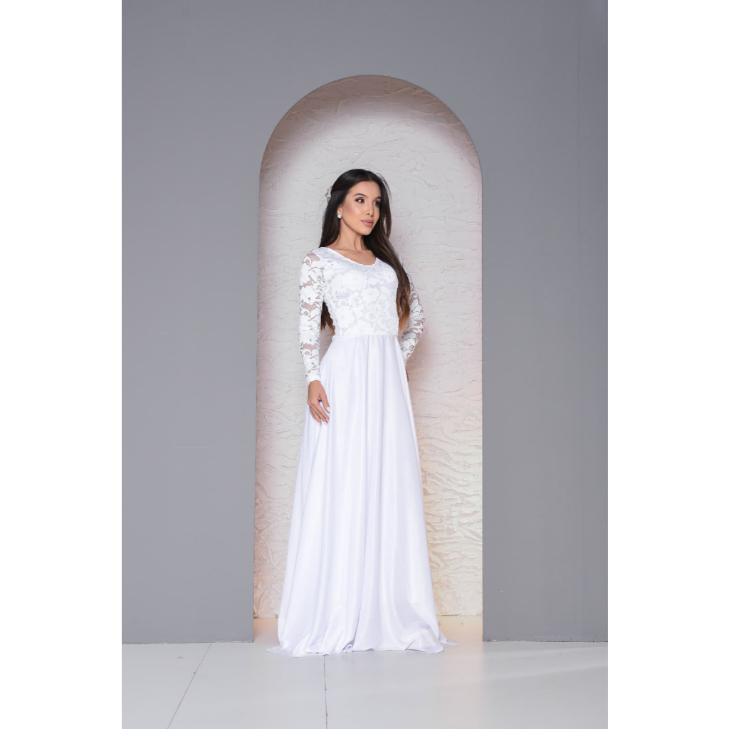 Vestido Feminino de Noiva para Casamento Civil Longo Noiva Simples Elegante Religioso Civil