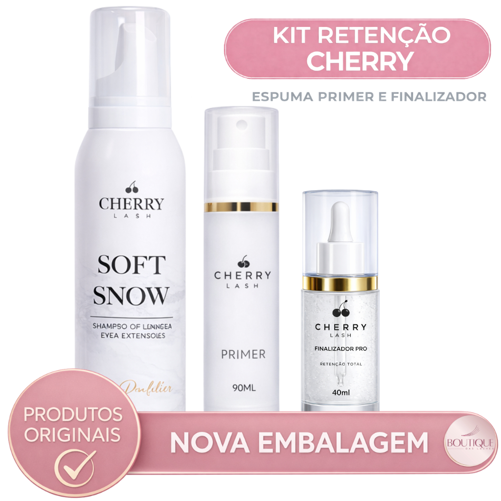 Kit Retenção para Extensão de Cílios Cherry Lash - Finalizador Primer Espuma de Limpeza