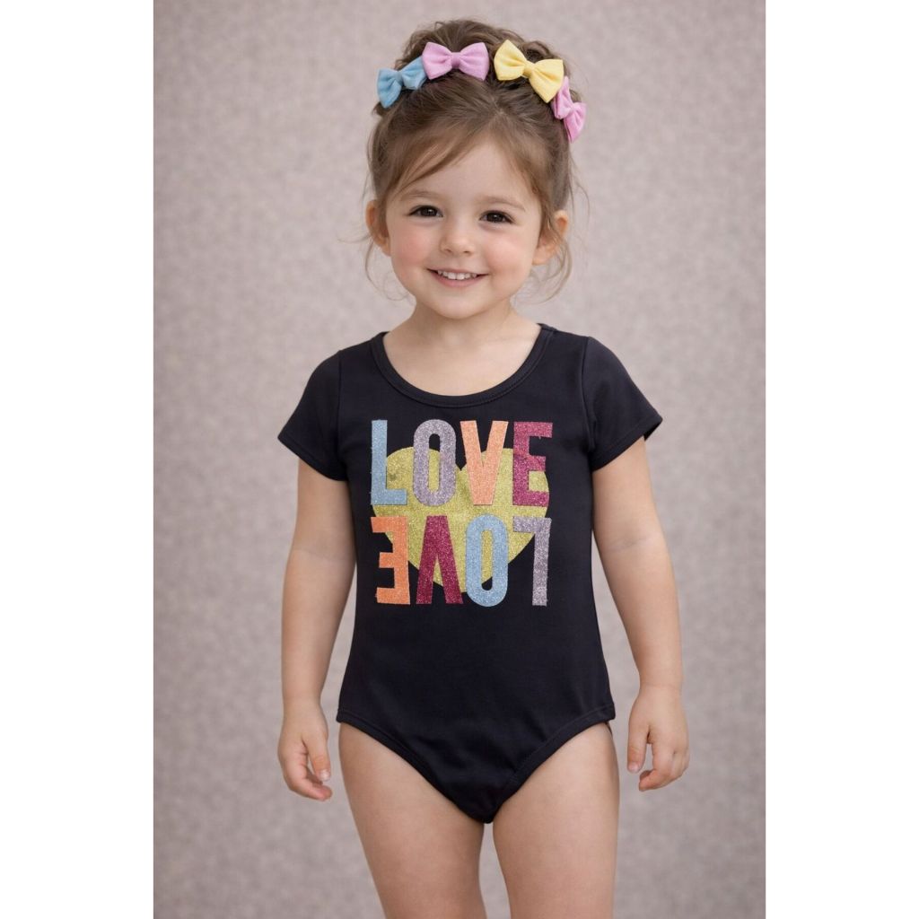 Body Infantil Menina Love Alto Relevo Aplique 3D Tamanho 1 ao 10 Moda Infantil