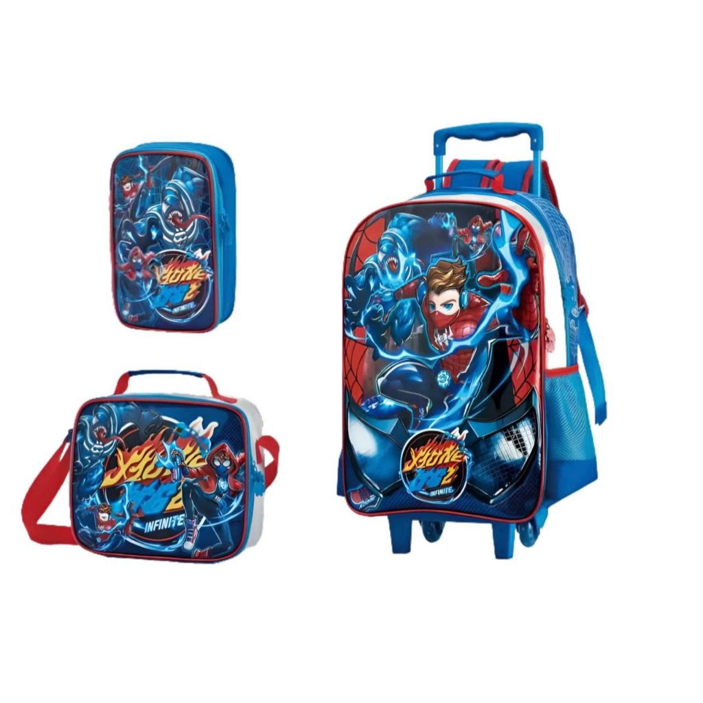 Kit Mochila Escolar Spider Rodinha Carrinho + Lancheira Estojo Box Menino - Fuseco