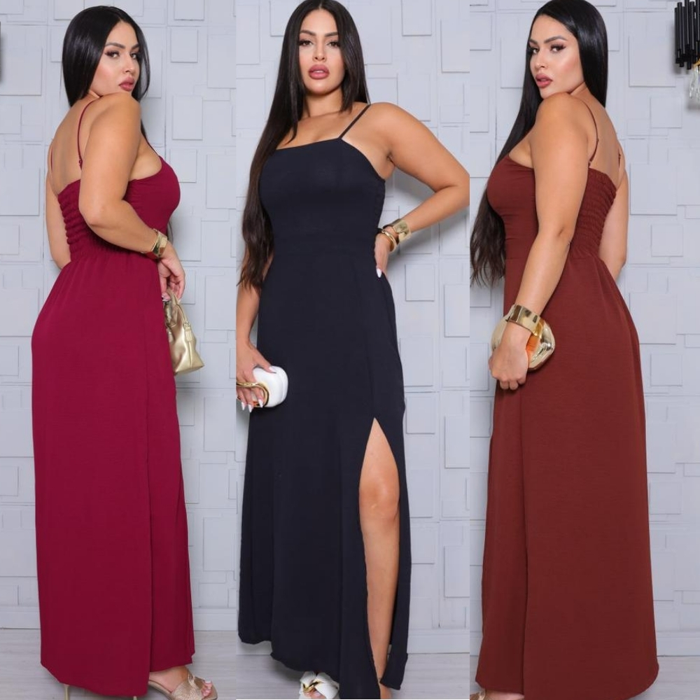 vestido longo feminino elegante saia forrado fenda lateral boa forma vestido feminino blusa conbolho em Oferta na Shopee