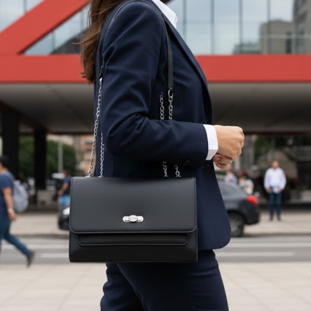 Bolsa Feminina Transversal Lateral Alça Corrente Luxo Executiva Trabalho Formal - Preta
