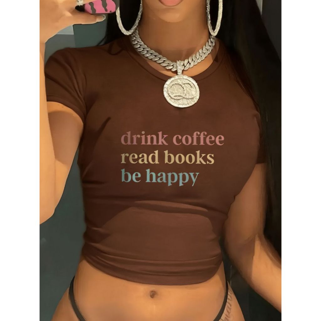 Camiseta Babylook Babytee Slim Fit Manga Curta Elastano Estilosa lançamento estampada DRINK COF