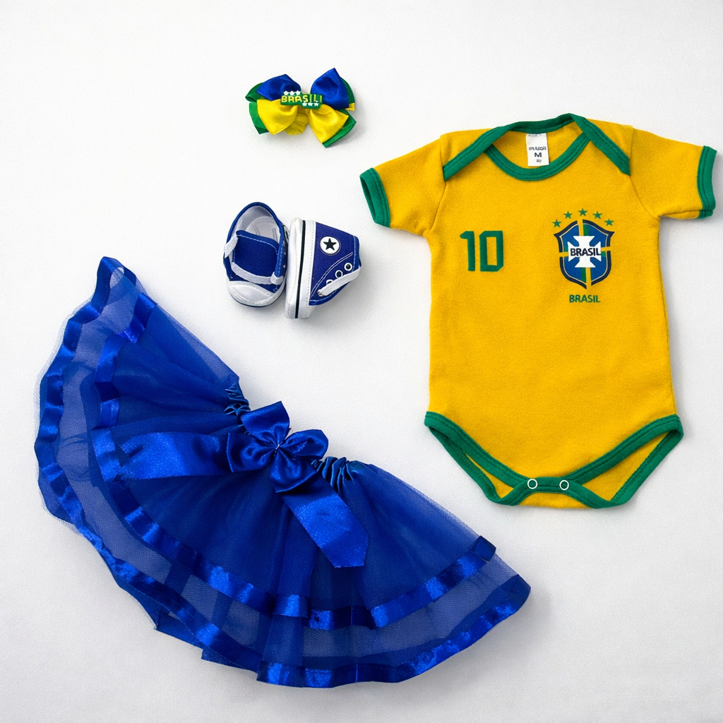Conjunto Mesversário Bebê Brasil Campeã Body Copa do Mundo & Saia de Luxo & Laço & Tênis