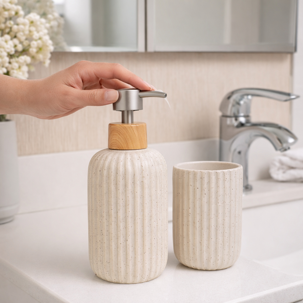 Kit Banheiro Granilite 2 Peças Decorativo Moderno Porta Sabonete Escova e Dispenser em Oferta na Shopee