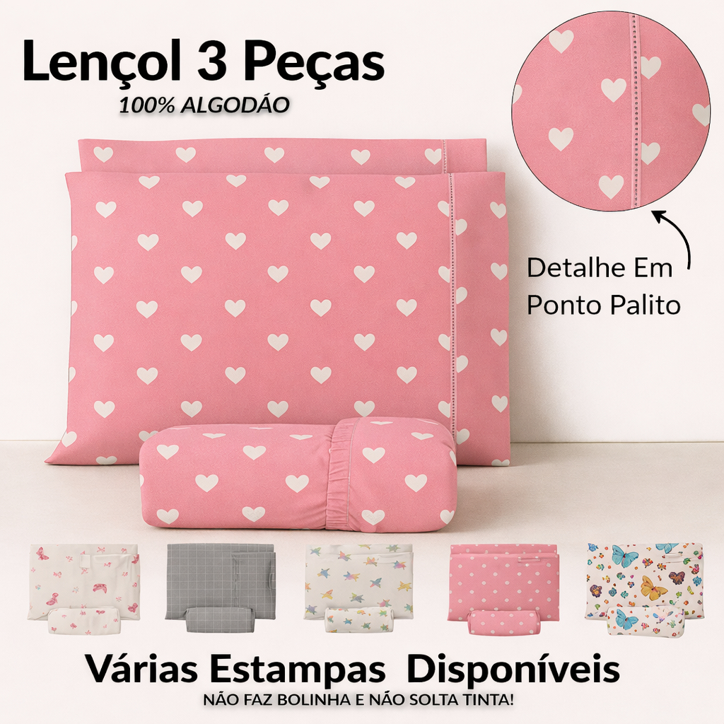 Jogo de Lençol 180 Fios Percal 100% Algodão com Acabamento Ponto Palito  Solteiro Casal Queen e King