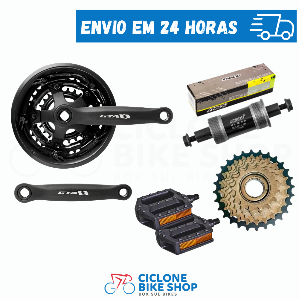 Kit Transmissão Bike 21 Marchas Completo Pedivela Triplo + Catraca 7V + Corrente + Movimento Central