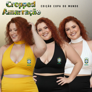 Top Cropped Plus Size Feminino Brasil Copa Frente Única com Amarração Moda Gringa Blusa Cropped em Oferta na Shopee