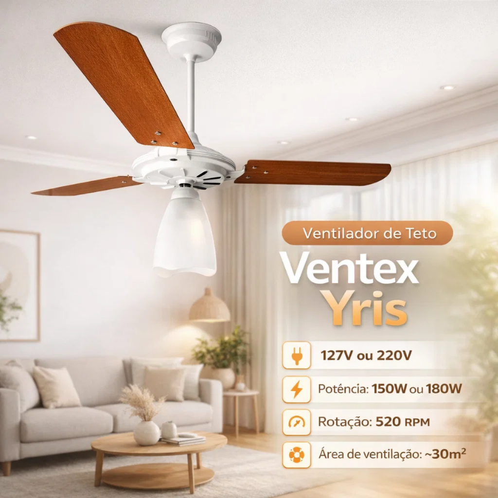 Ventilador de Teto Yris Branco Mogno Ventex 3 Pás - Alta Potência em Oferta na Shopee