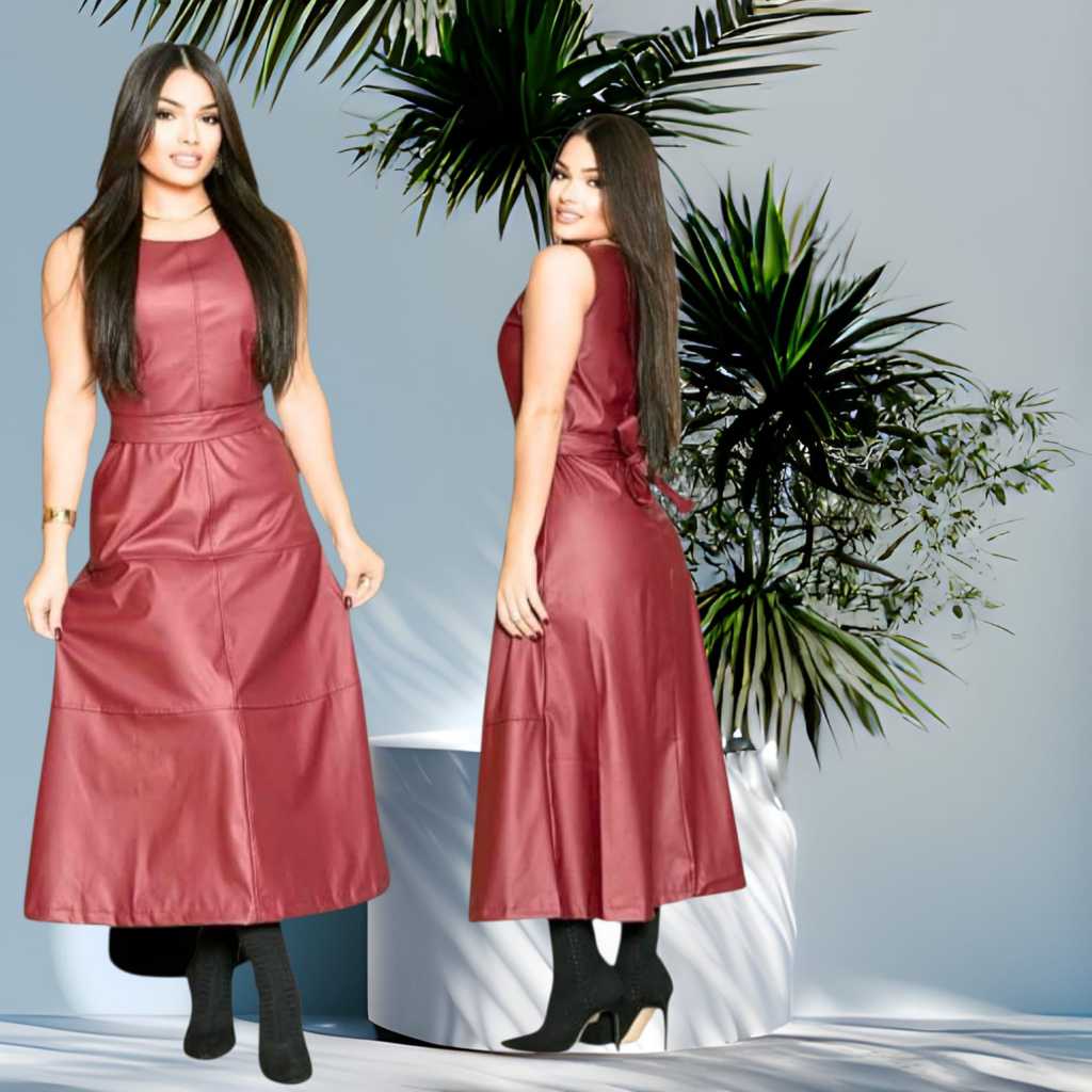 Vestido Midi de Tecido de couro moda Evangélica leva ziper e leva Cinto