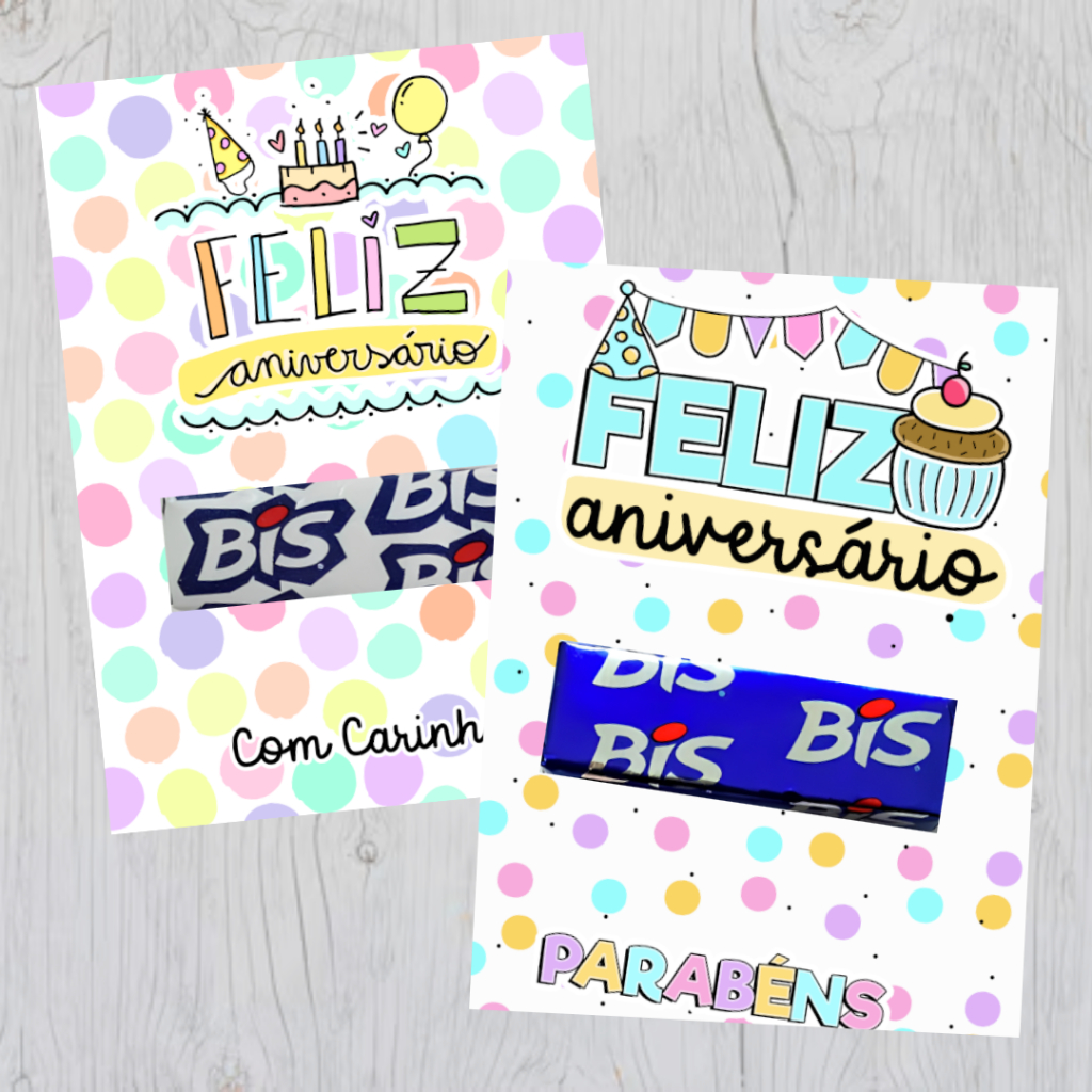 30 Card Cartões Feliz Aniversário p/Bis, Bala, Doce para Mimos - Não Acompanha o Bis