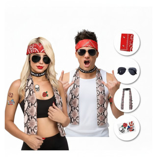Kit Acessórios Rock Rockeiro Fantasia Punk Hippie Anos 80 90  Roqueiro Carnaval Cosplay Bandana Óculos Tattoo Gargantilh