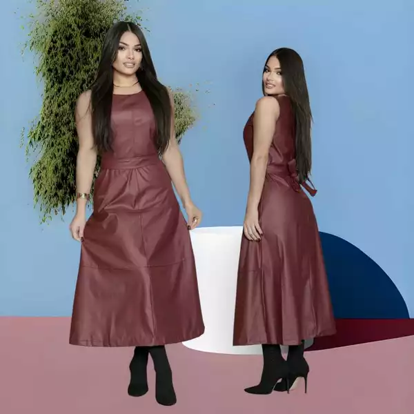 Vestido Elegante e Versátil de Couro Leva Zíper Invisível leva Cinto