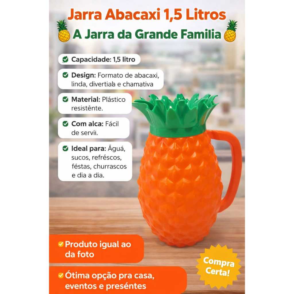 Jarra Plástica Suco 1,5 lts Formato Abacaxi Grande Família