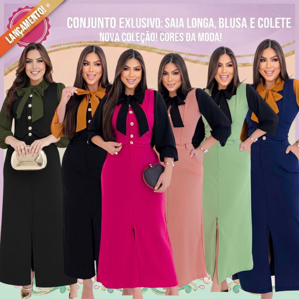 CONJUNTO ELEGANTE 3 PEÇAS: SAIA LONGA, COLETE E BLUSA MODA EVANGÉLICA CRISTÃ, CULTO CONGRESSO SOCIAL em Oferta na Shopee