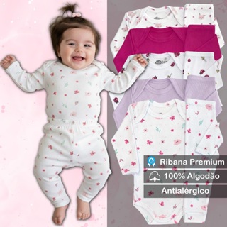 Kit 5 Conjuntos Body + Calça (3 Estampados e 2 Lisos) Premium Bebê Pagão Canelado Longo 100% Algodão em Oferta na Shopee