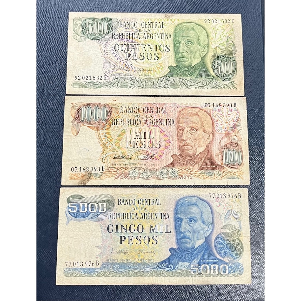 Kit com 3 Cédulas de 500, 1000 e 5000 Pesos MBC da Argentina. Notas de Coleção para completar Álbum