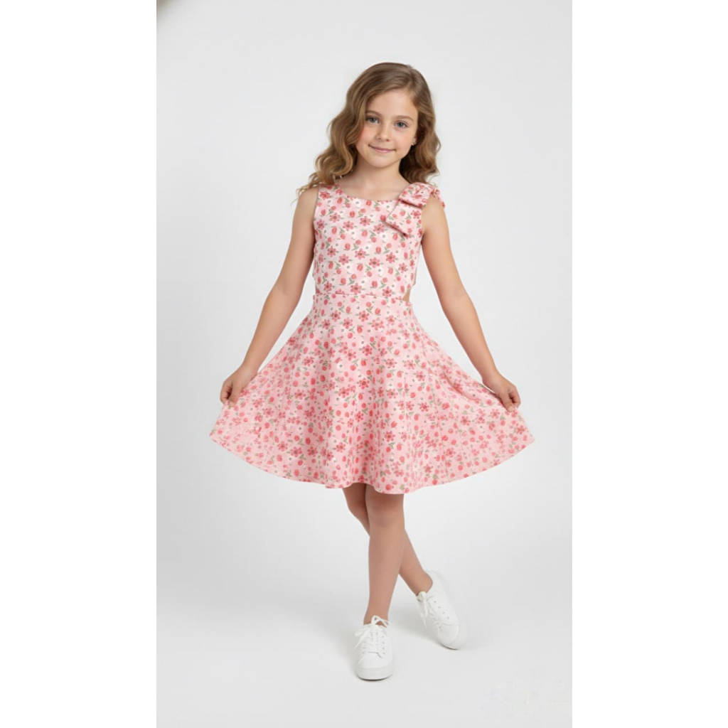 Vestido Infantil Floral com Laço no Ombro – Modelo Rodado – Cores Sortidas