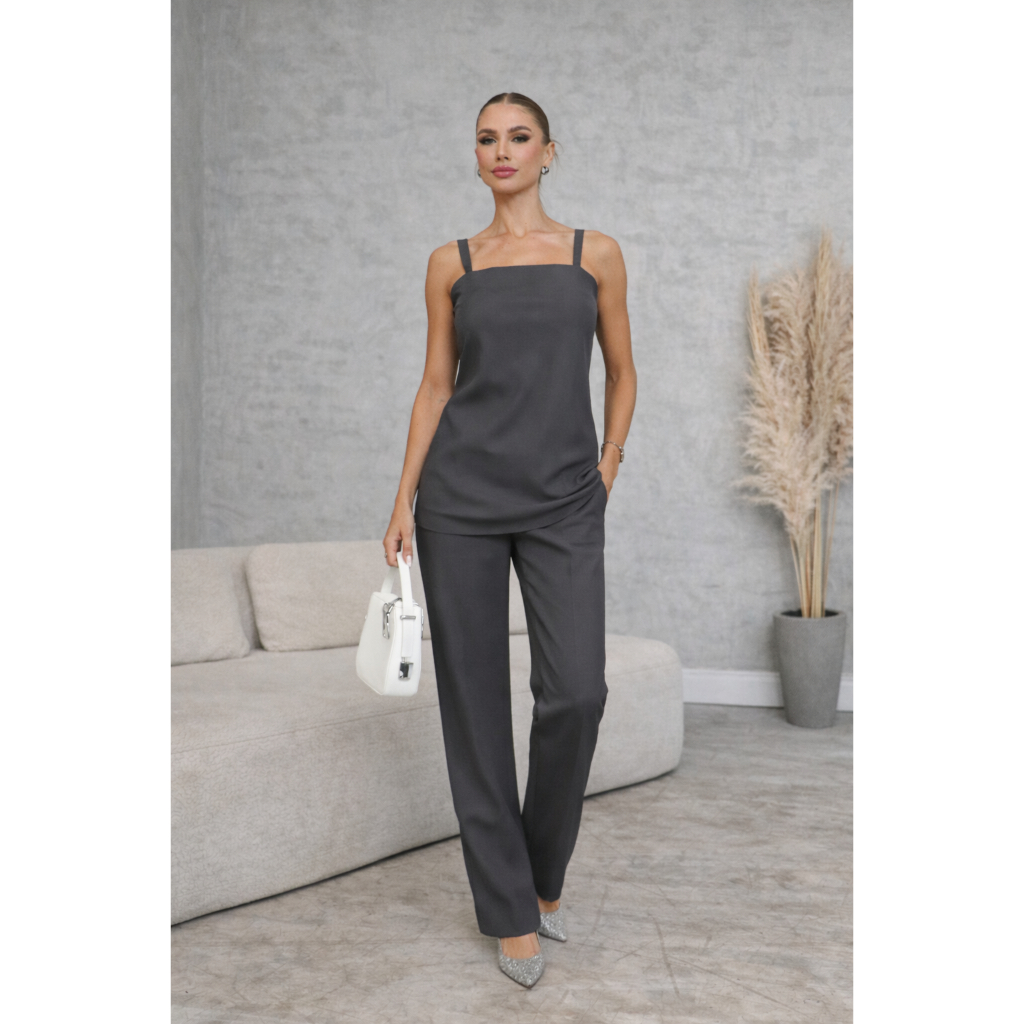 Conjunto Feminino Blusa Calça Pantalona Casual Elegante Assimetrico
