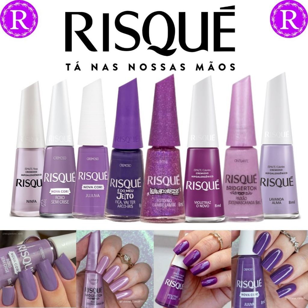 Kit 8 Esmaltes Risqué Tons roxo e lilás Esmalte Atacado, Bridgerton, Lollapalooza e Nova Cor