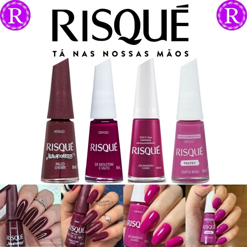 Kit 4 Esmaltes Risqué Tons bordô e rosa Esmalte Atacado, Lollapalooza, Voltei!! e Tradicionais.